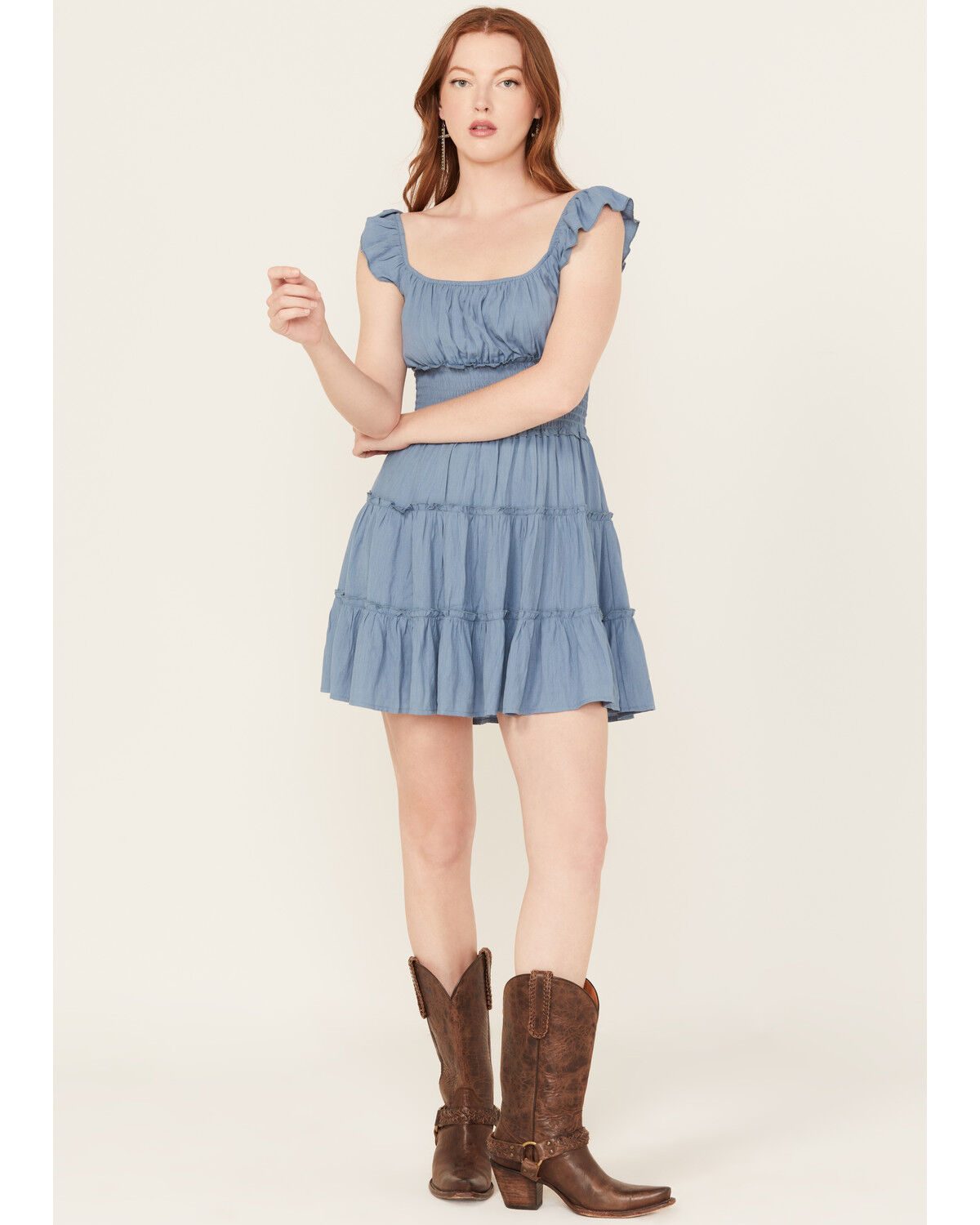 Image #1 - Trixxi Women's Smocked Waist Mini Dress, Blue, hi-res