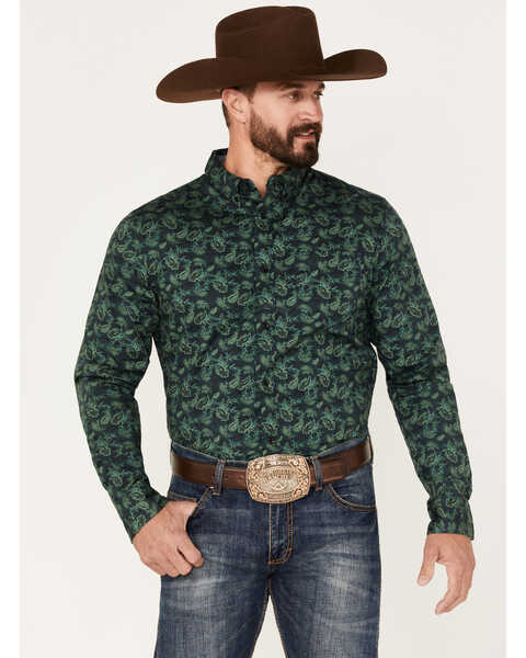 Cody James Men's Ringer Floral Print Button-Down Western Shirt , Dark Green, hi-res