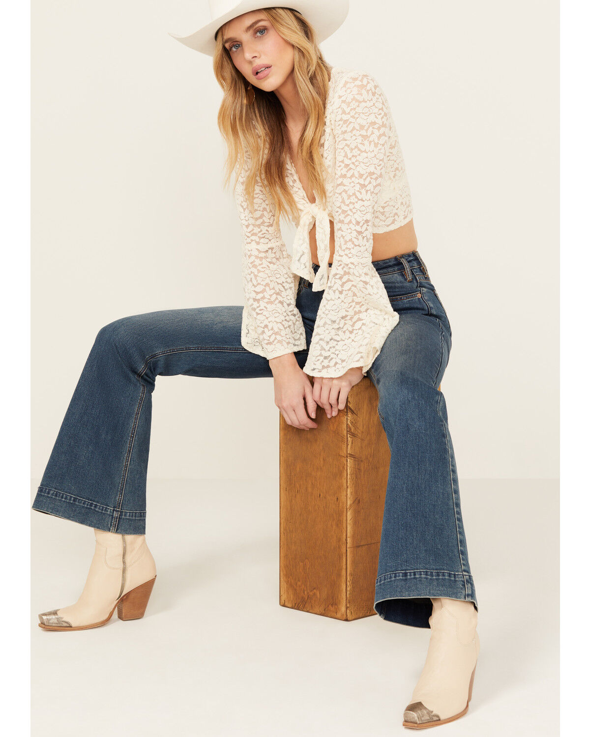 Image #1 - Shyanne Women's Lace Tie Front Bell Sleeve Top, Cream, hi-res