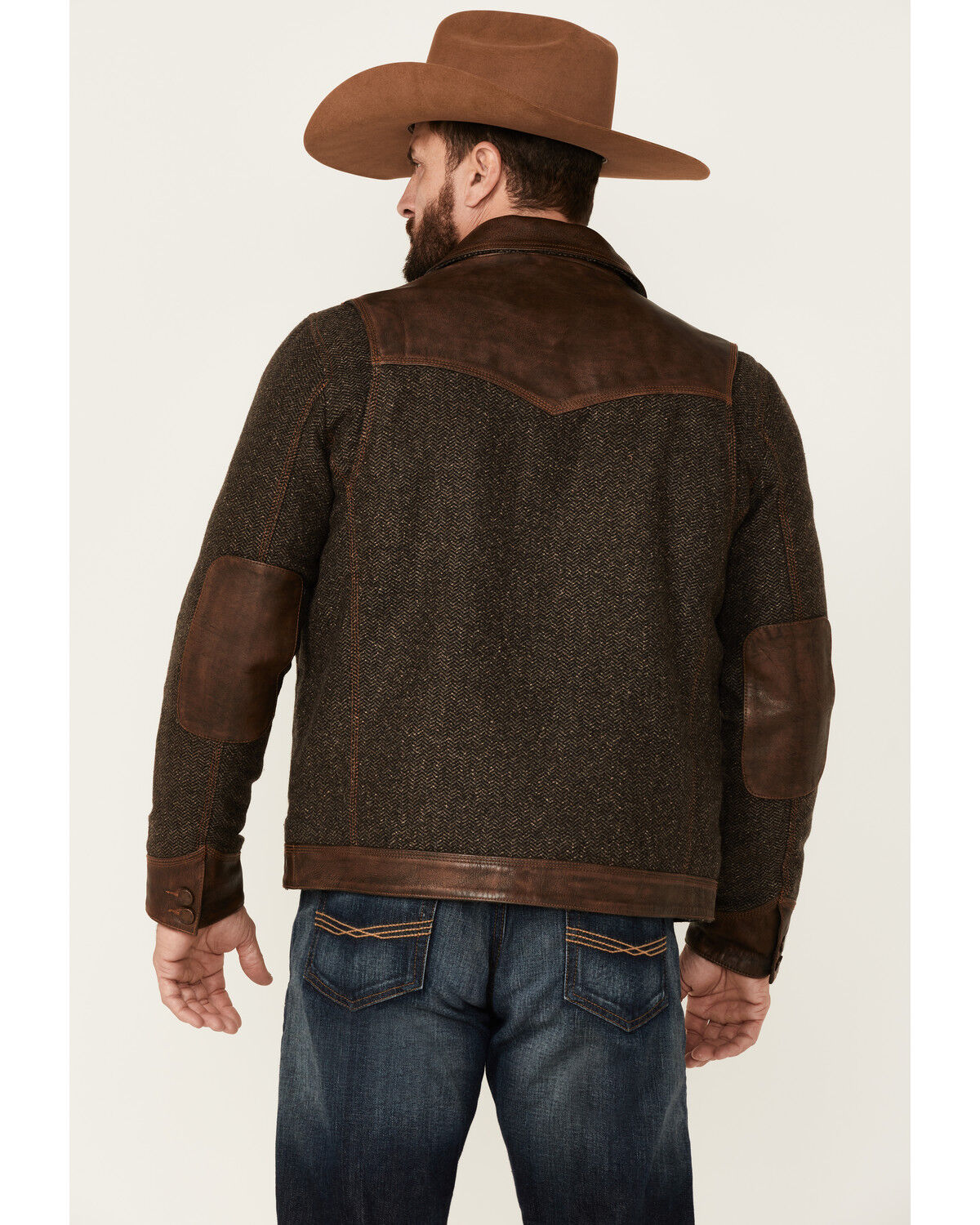 Image #4 - Scully Men's Vintage Herringbone Leather Trim Button-Front Jacket, , hi-res