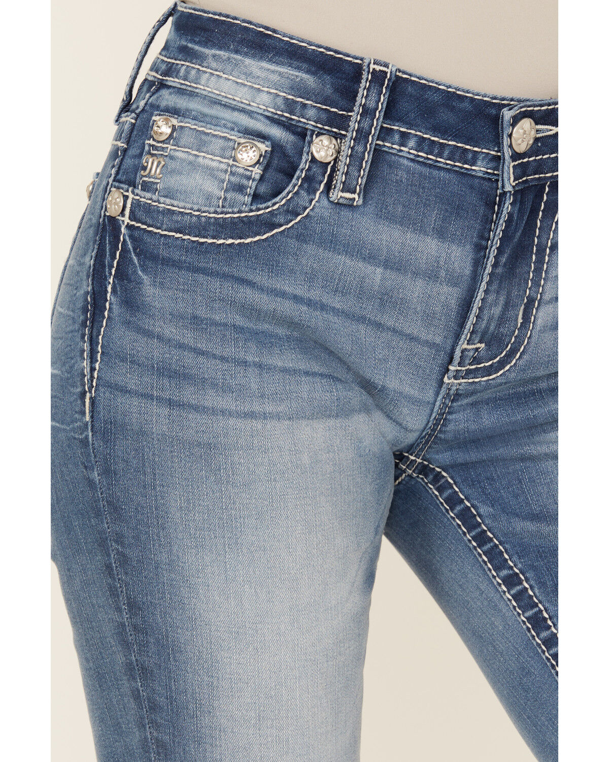 Image #4 - Miss Me Women's Dark Wash Mid Rise Dream Catcher Pocket Bootcut Stretch Denim Jeans, Dark Wash, hi-res