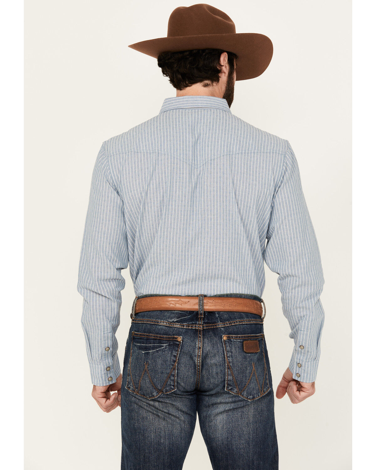 Image #4 - Blue Ranchwear Men's Bennet Striped Print Long Sleeve Snap Western Shirt, Light Blue, hi-res
