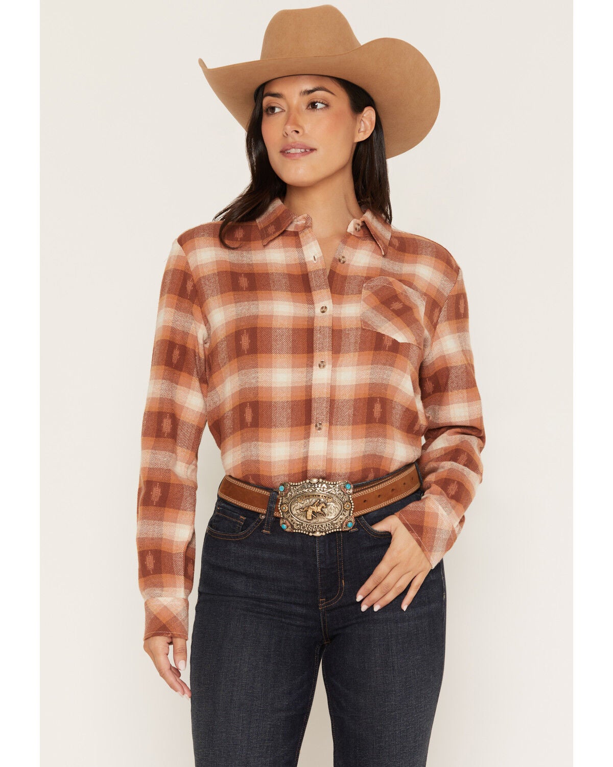 Shyanne Women's Vistas Plaid Print Long Sleeve Button-Down Flannel Shirt, Bark, hi-res