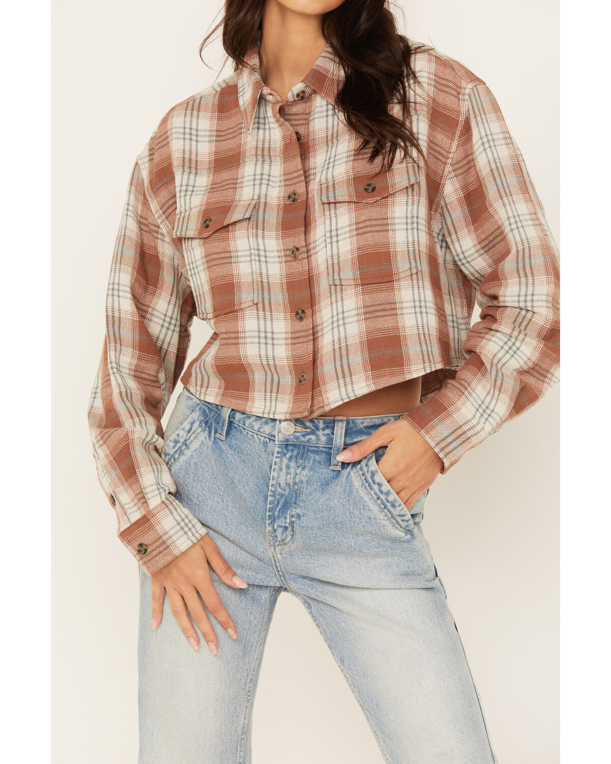 Image #3 - Cleo + Wolf Women's Fall Plaid Print Long Sleeve Cropped Button-Down Shirt, Coffee, hi-res