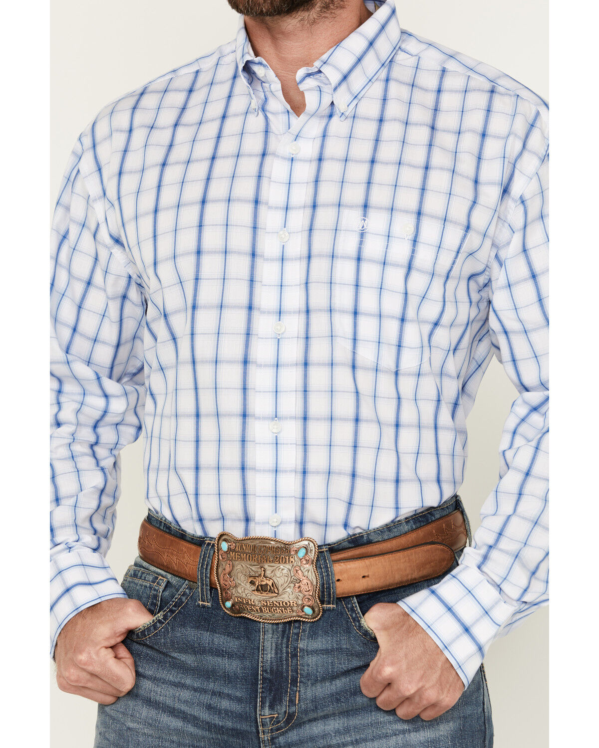Image #3 - Wrangler Men's Plaid Print Long Sleeve Button-Down Western Shirt, Blue, hi-res