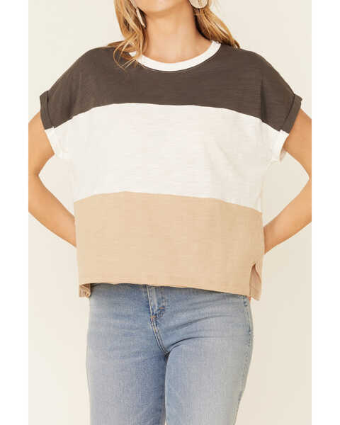Image #3 - Wishlist Women's Wide Stripe Colorblock Dolman Short Sleeve Top , Charcoal, hi-res