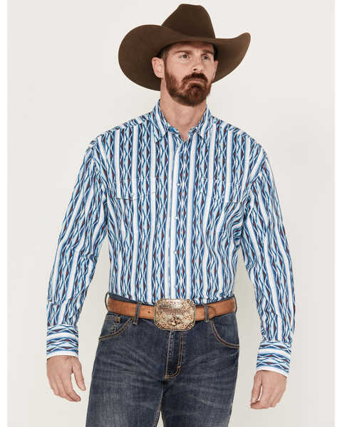 Wrangler Men's Checotah Long Sleeve Western Pearl Snap Shirt, Blue, hi-res