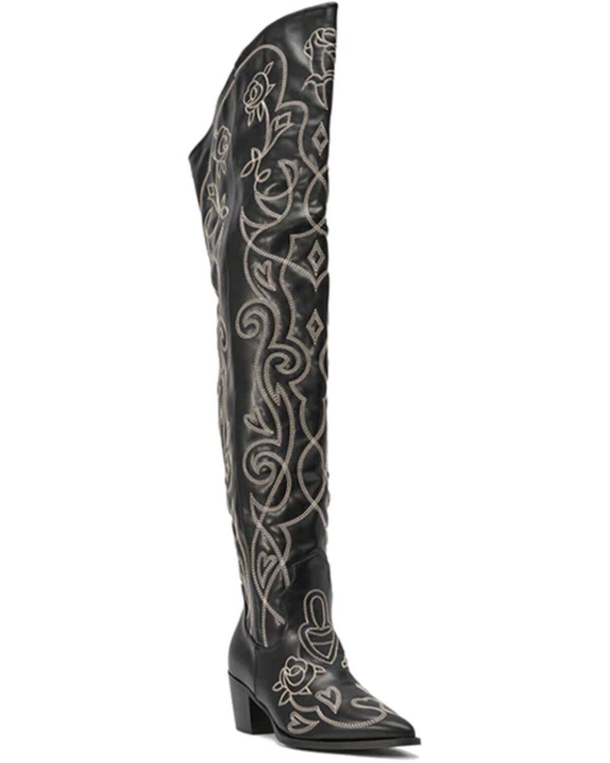 Azalea Wang Women's Kess Thigh High Western Boots - Snip Toe, Black, hi-res