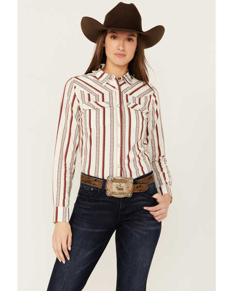 Image #1 - Shyanne Women's Rocksprings Striped Long Sleeve Snap Western Shirt , Brick Red, hi-res