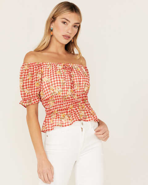 Wild Moss Women's Floral Gingham Print Puff Sleeve Crop Top, Red, hi-res