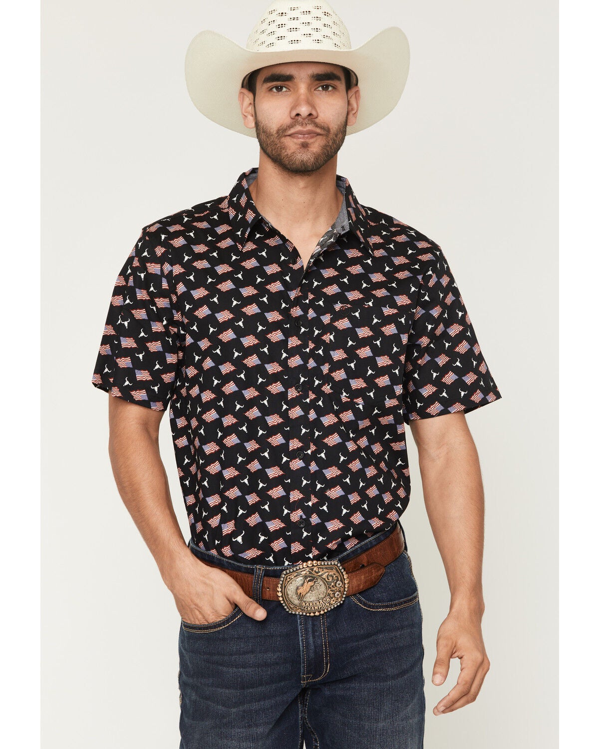 Image #1 - Cody James Men's Stars & Flags Short Sleeve Button-Down Stretch Western Shirt, Black, hi-res