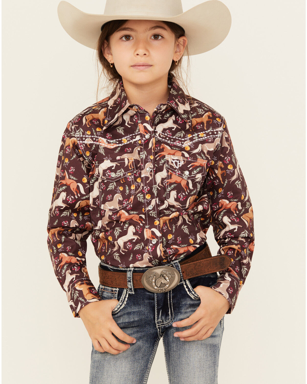 Image #1 - Cowgirl Hardware Girls' Floral Horse Print Long Sleeve Snap Western Shirt, , hi-res