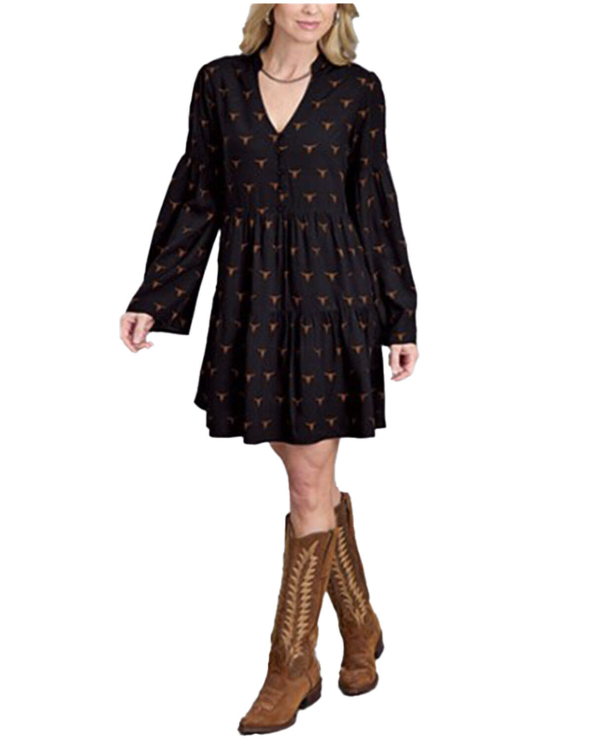 Image #1 - Stetson Women's Steer Head Print Long Sleeve Midi Dress, Black, hi-res