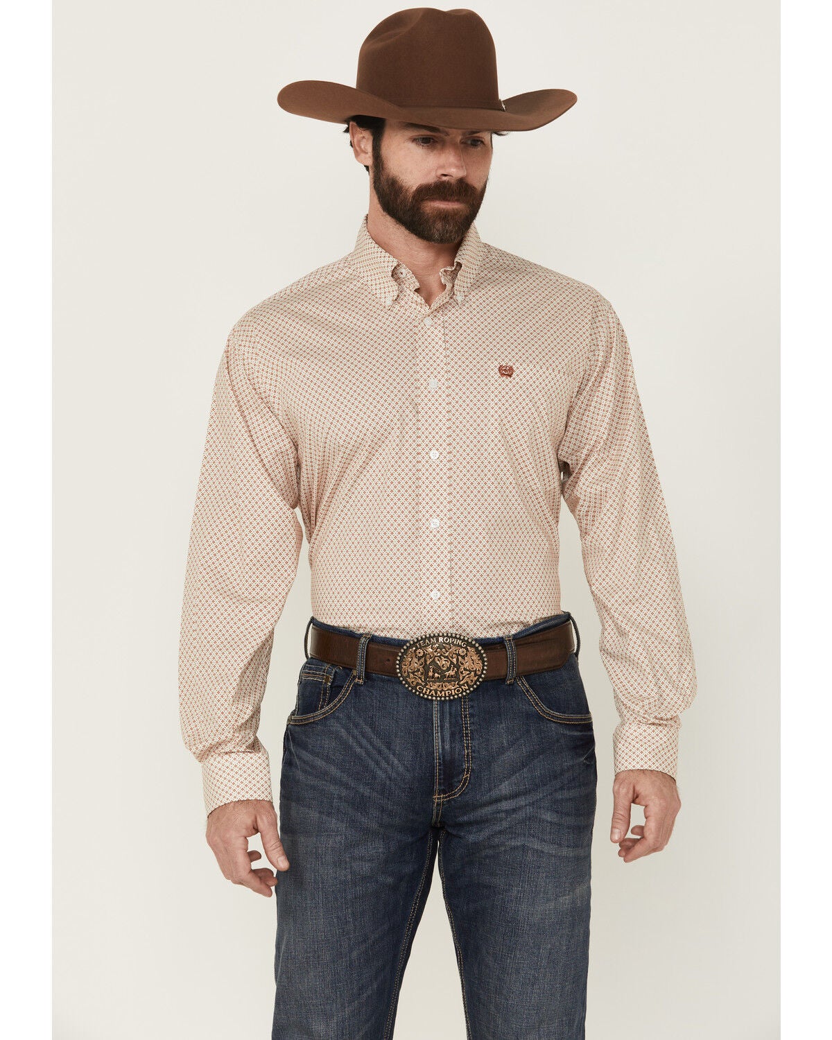Image #1 - Cinch Men's Geo Print Long Sleeve Button-Down Stretch Western Shirt, Cream, hi-res