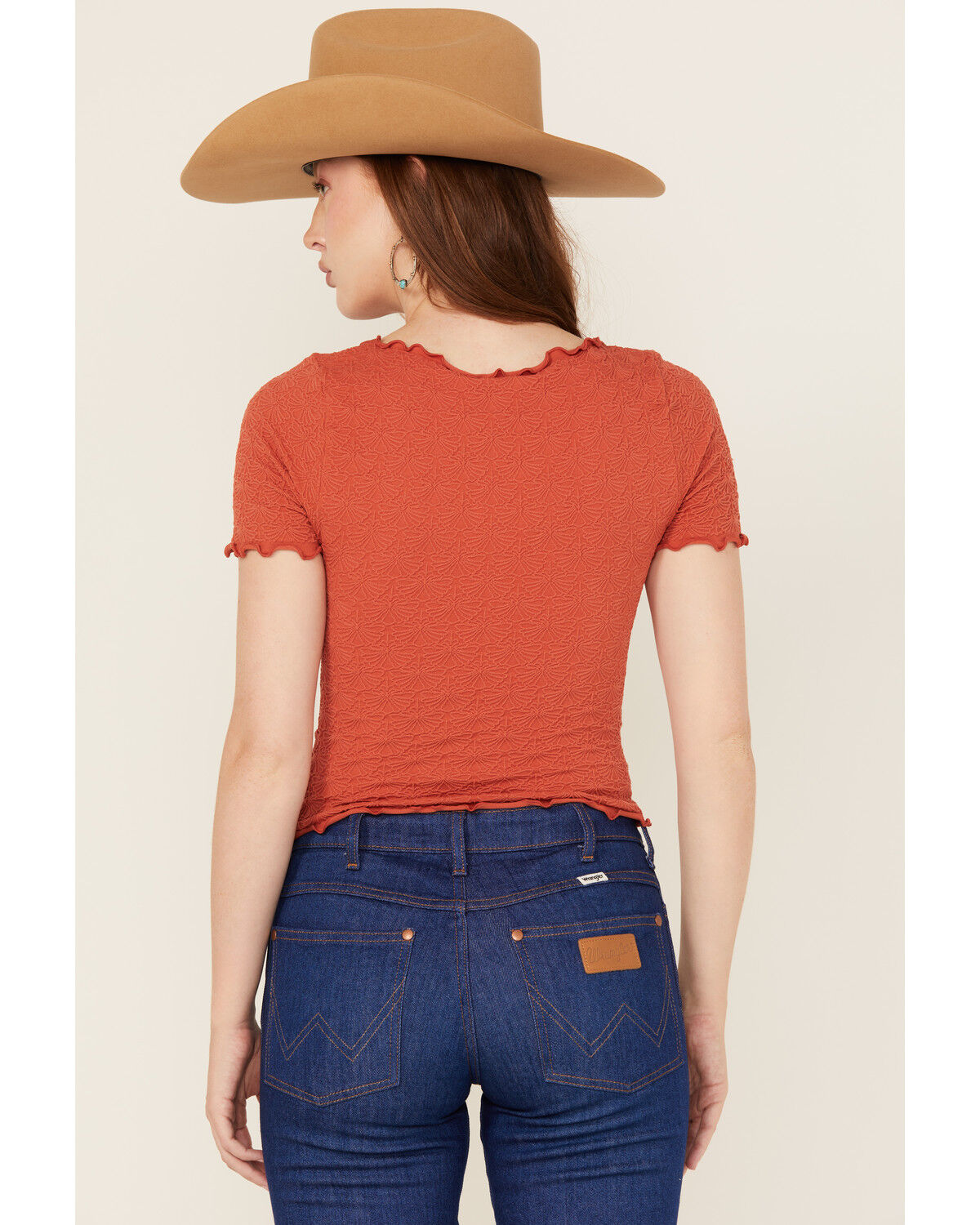 Image #4 - Fornia Women's Solid Lettuce Edge Short Sleeve Tee, Red, hi-res