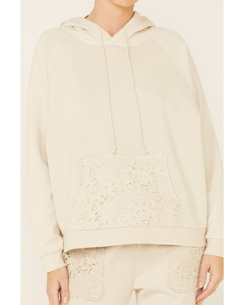 Beyond The Radar Women's Ivory Lace Pocket Hooded Sweatshirt , Ivory, hi-res