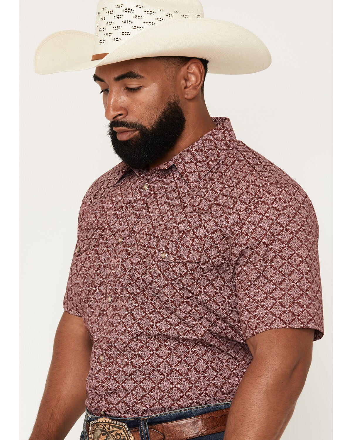 Image #2 - Gibson Trading Co Men's Gypsy Den Medallion Print Short Sleeve Snap Western Shirt - Tall, Burgundy, hi-res