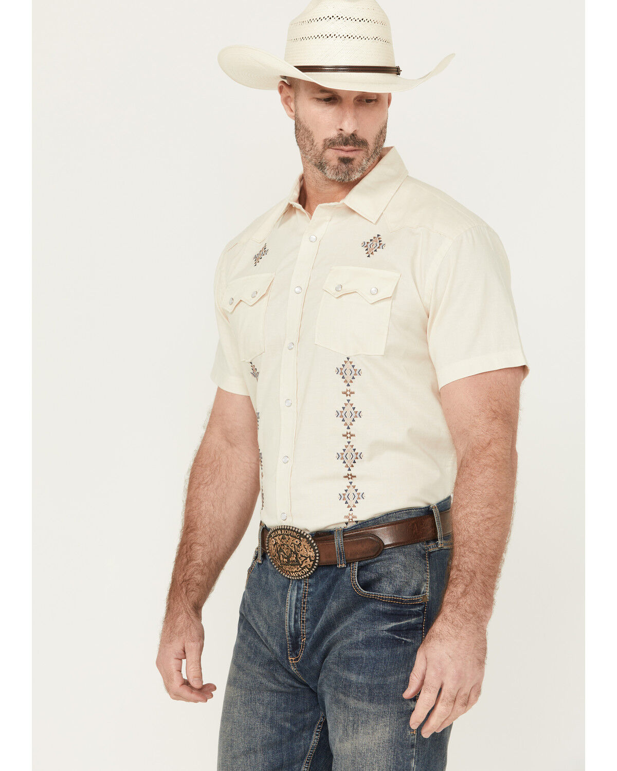 Image #2 - Panhandle Men's Southwestern Embroidered Short Sleeve Pearl Snap Western Shirt, Natural, hi-res