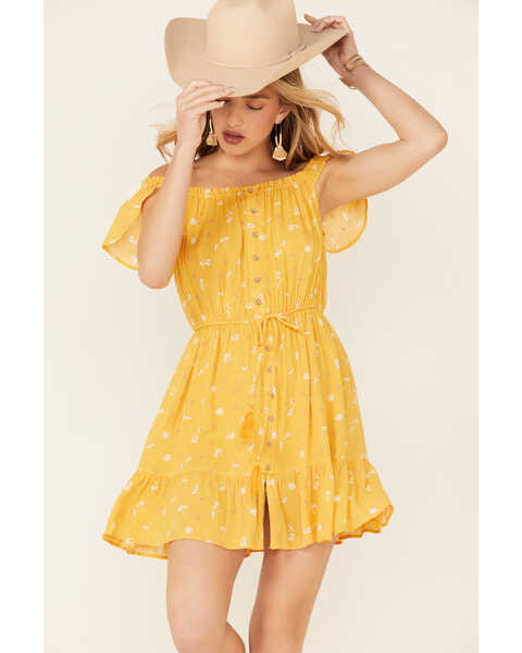 Image #2 - Miss Me Women's Floral Button Front Off-Shoulder Dress, Yellow, hi-res