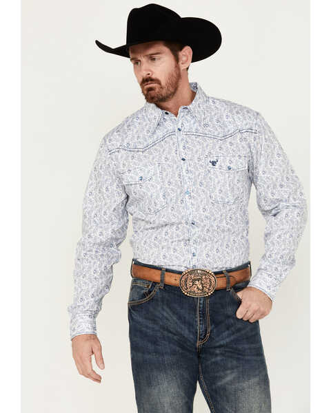 Cowboy Hardware Men's Tonal Paisley Print Long Sleeve Pearl Snap Western Shirt , White, hi-res