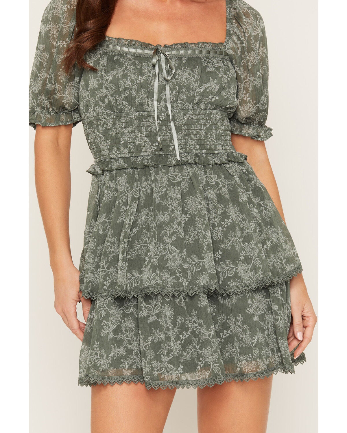 Image #3 - Trixxi Women's Floral Print Smocked Waist Tiered Mini Dress, Green, hi-res
