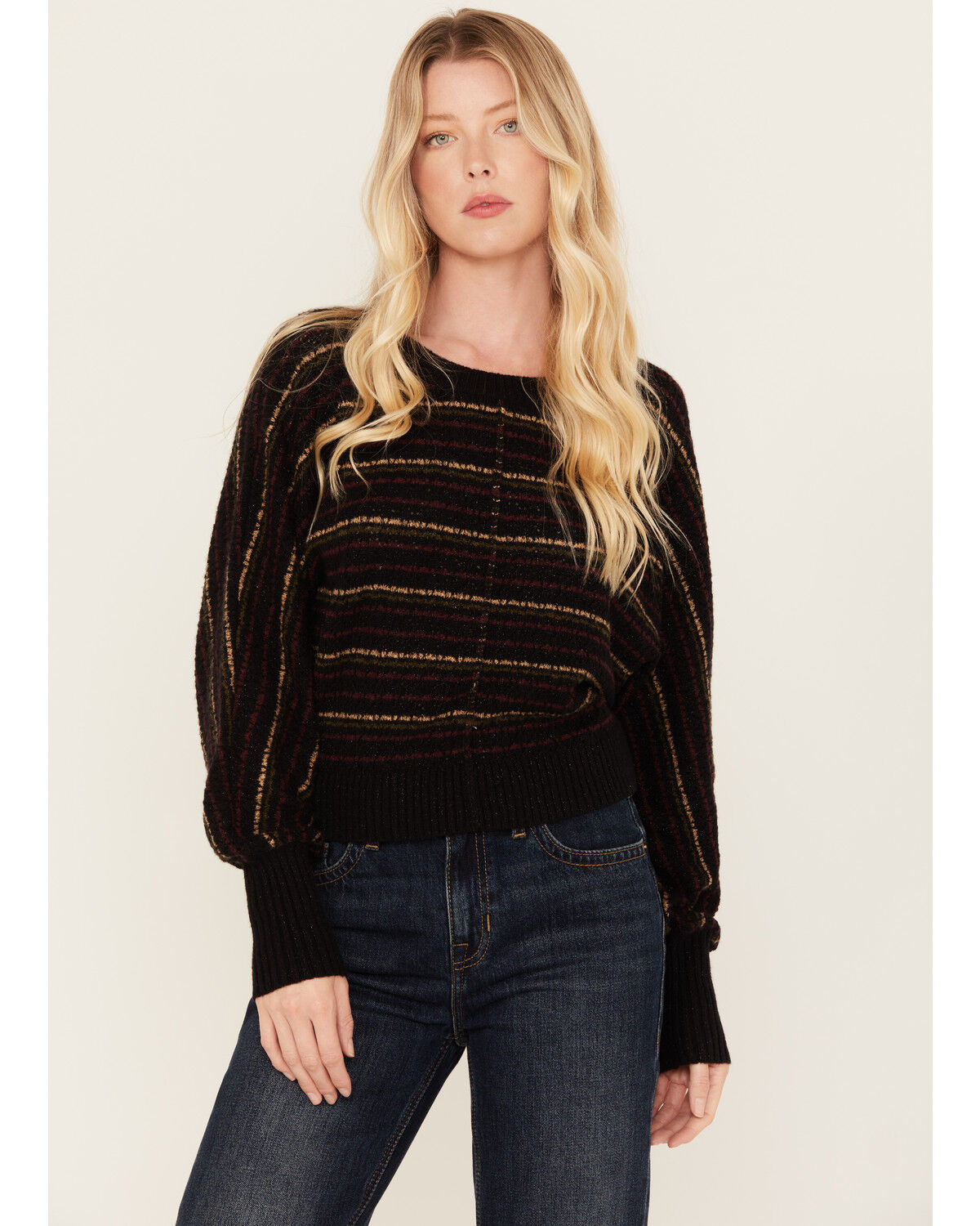 Image #1 - Shyanne Women's Lurex Striped Dolman Sweater, Black, hi-res