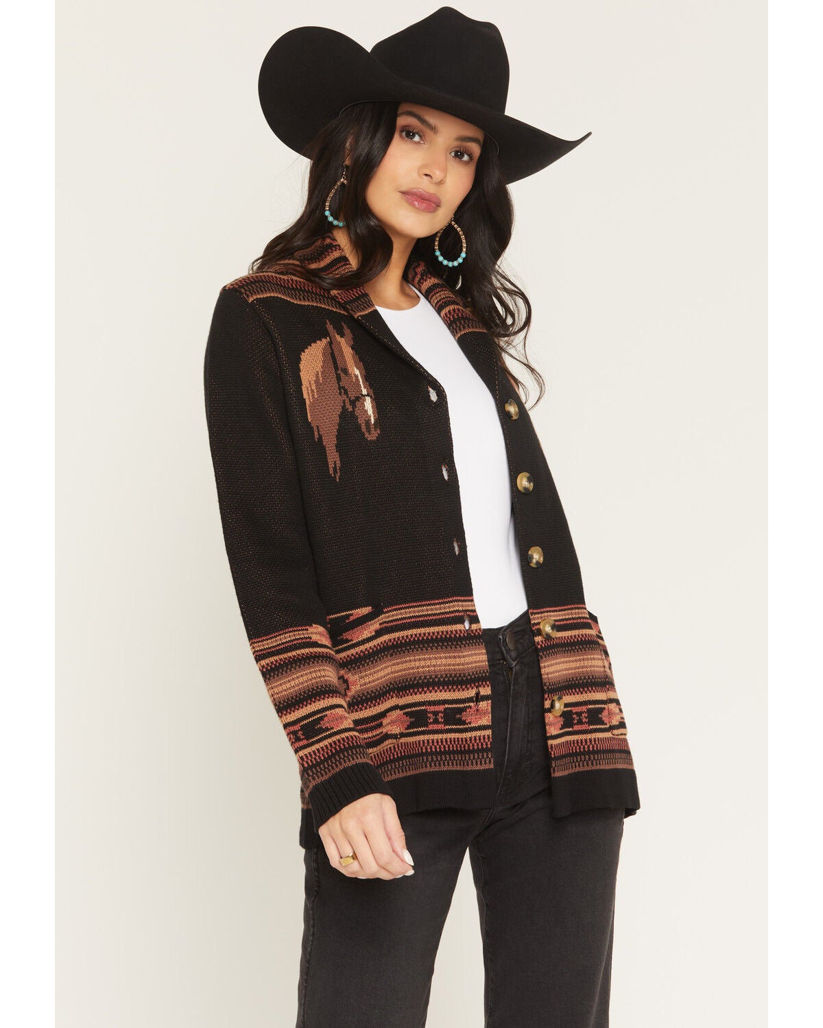 Cotton & Rye Women's Horse Button-Down Cardigan, Black, hi-res
