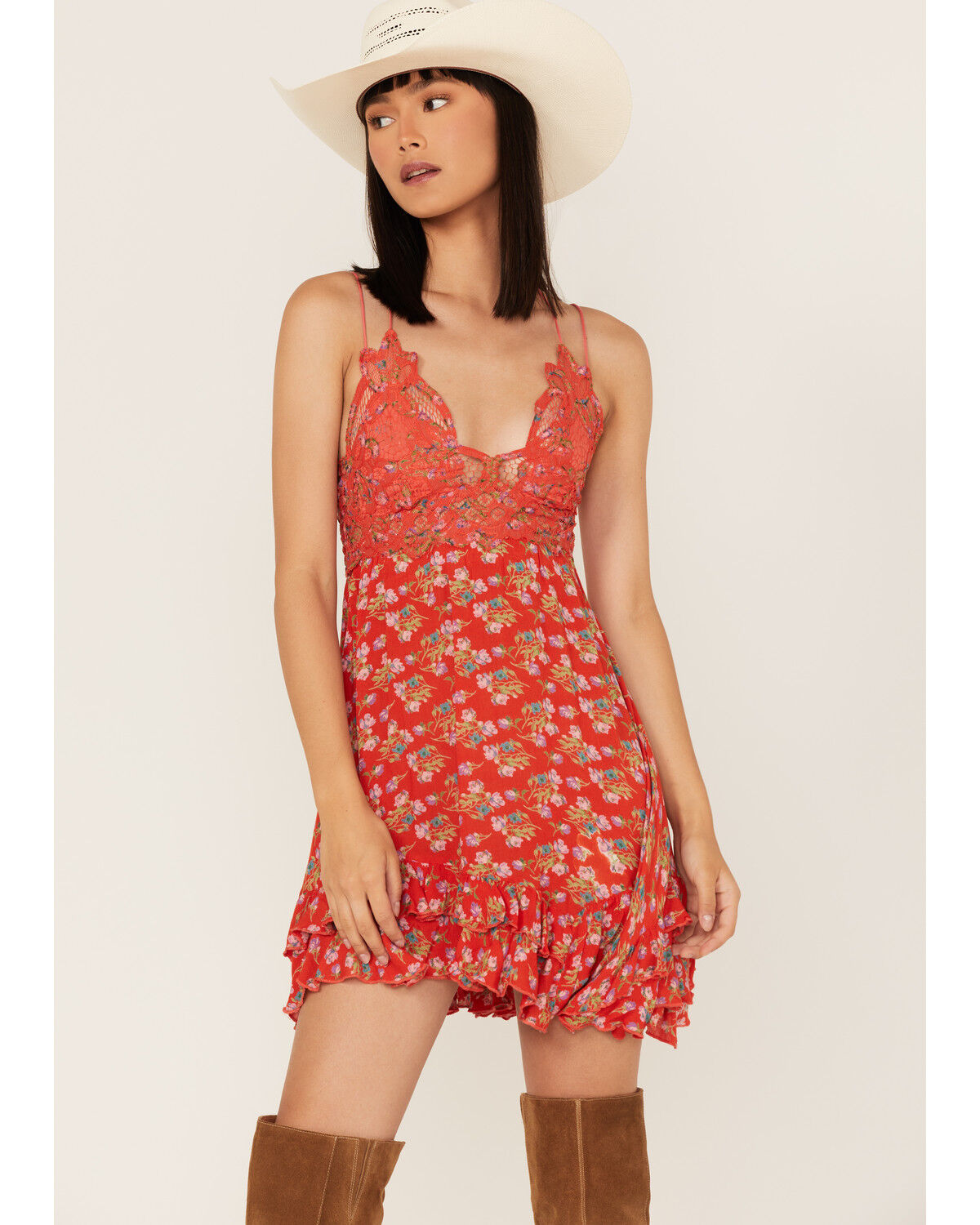 Image #1 - Free People Women's Adella Floral Print Sleeveless Slip Mini Dress, Red, hi-res