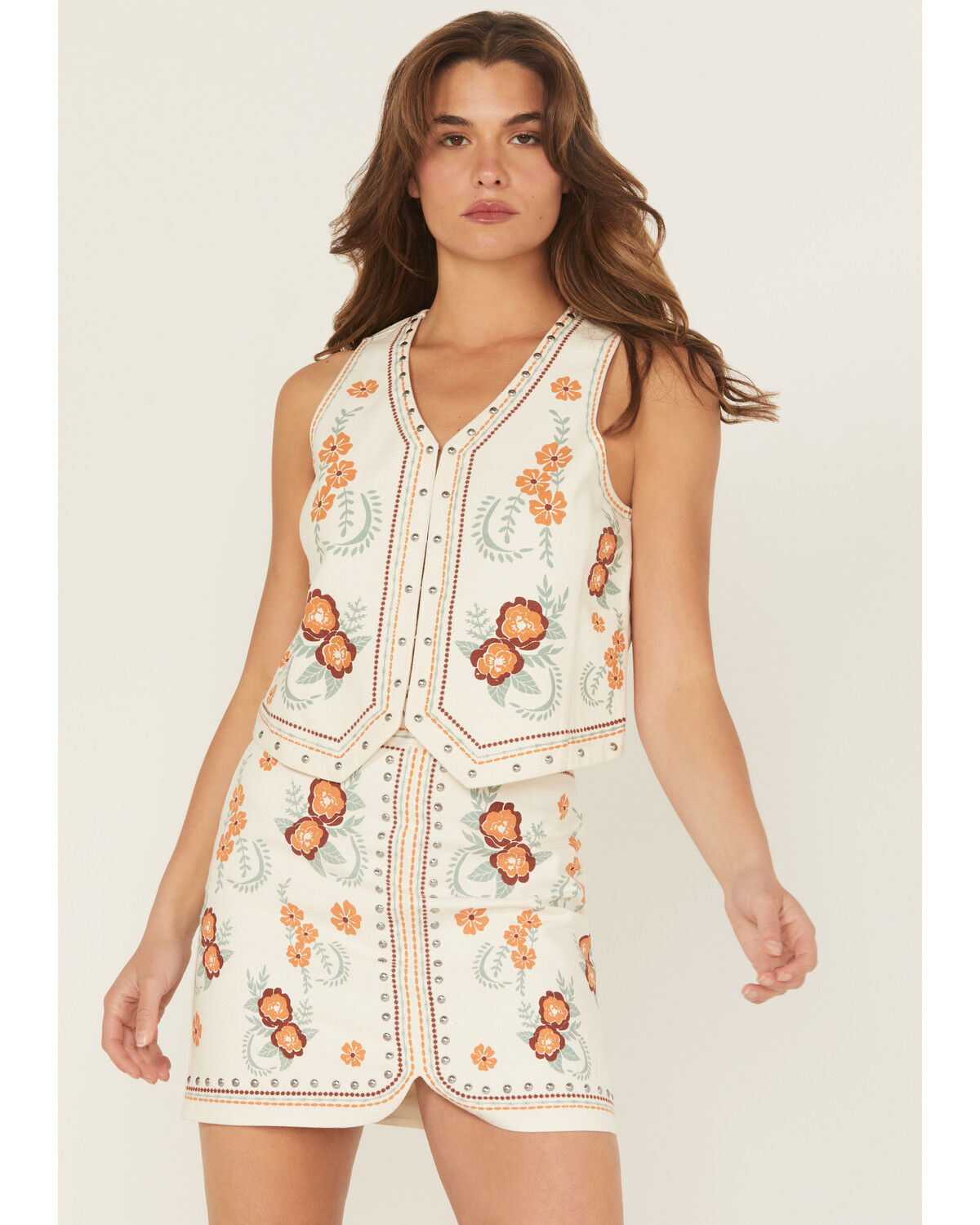Image #1 - Rock & Roll Denim Women's Floral Print Studded Vest, Cream, hi-res