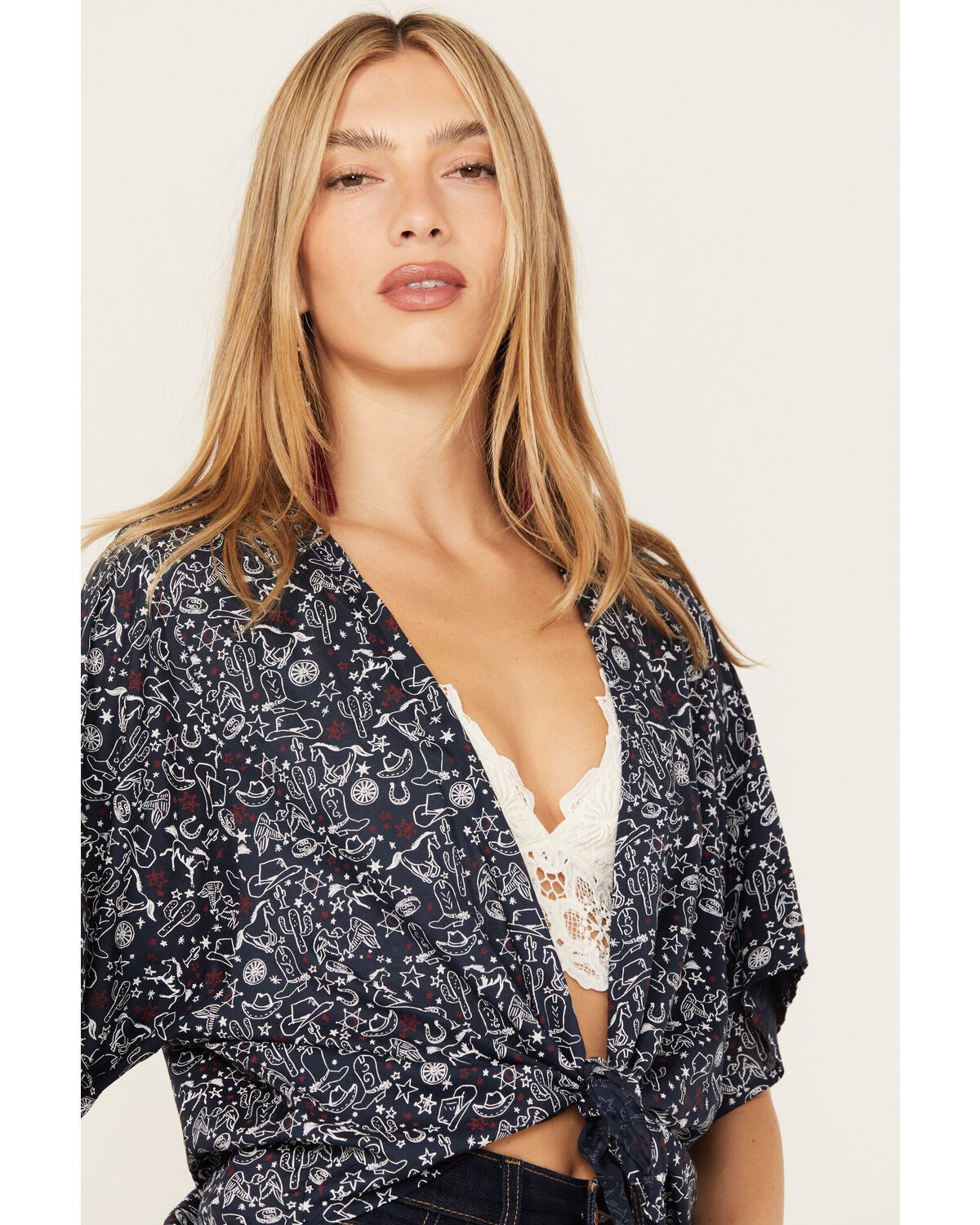 Image #2 - Ariat Women's Howdy Print Short Sleeve Tie Front Wrap, Navy, hi-res