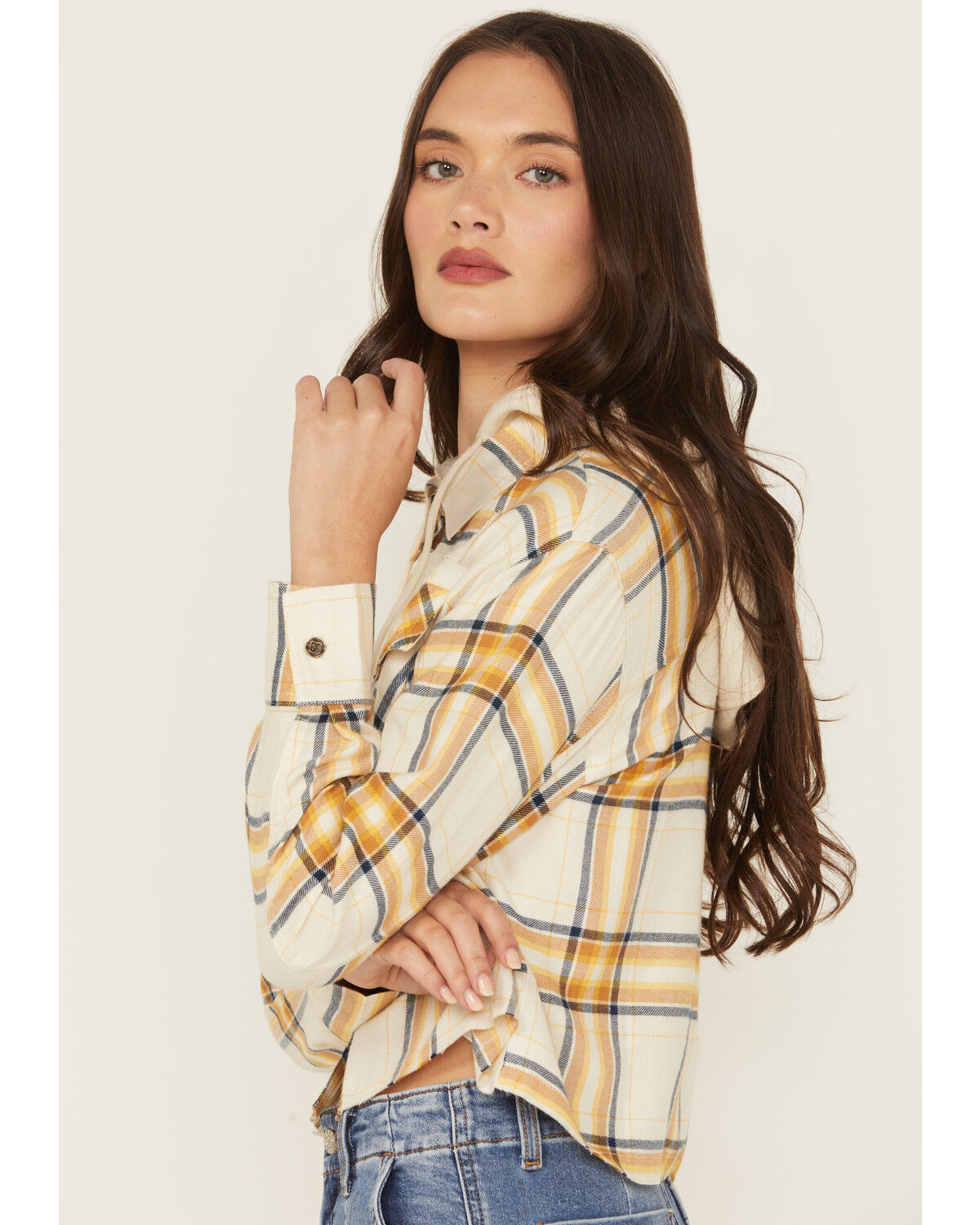 Image #2 - Cleo + Wolf Women's Cropped Flannel Hooded Shacket, Sand, hi-res