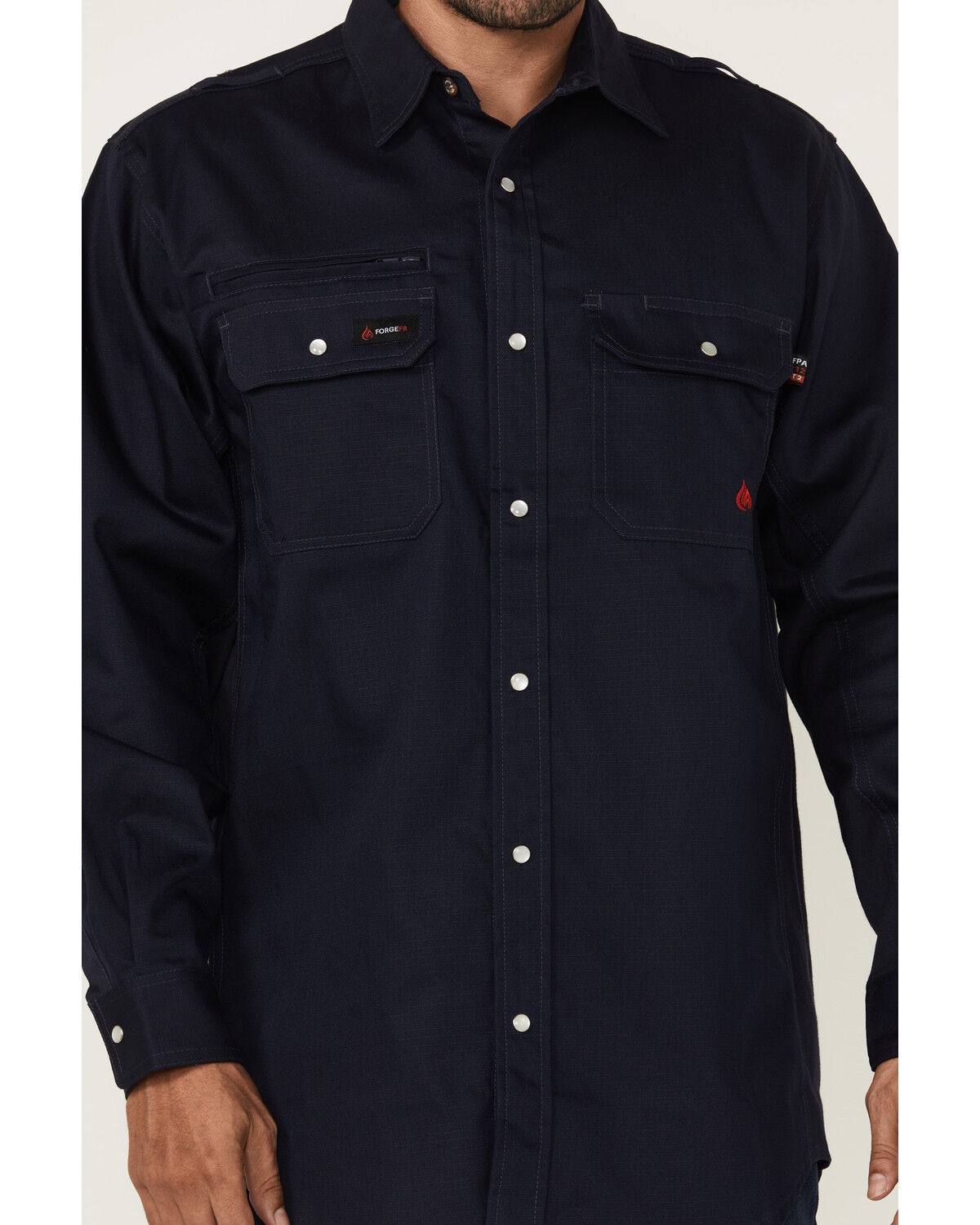 Image #3 - Forge Workwear Men's FR Lightweight Ripstop Vent Long Sleeve Snap Work Shirt, Navy, hi-res