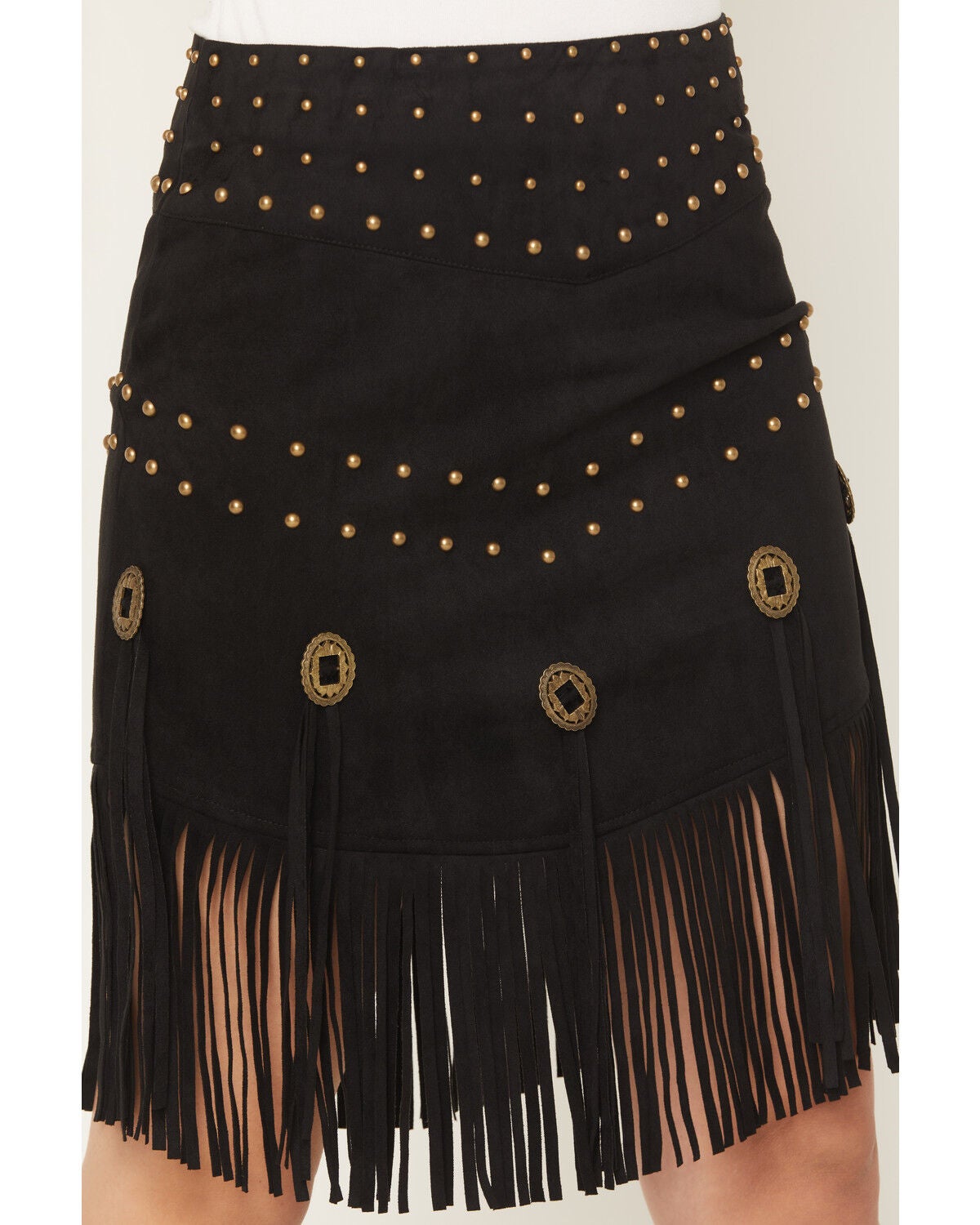 Image #2 - Fornia Women's Faux Suede Fringe Concho Mini Skirt, Black, hi-res
