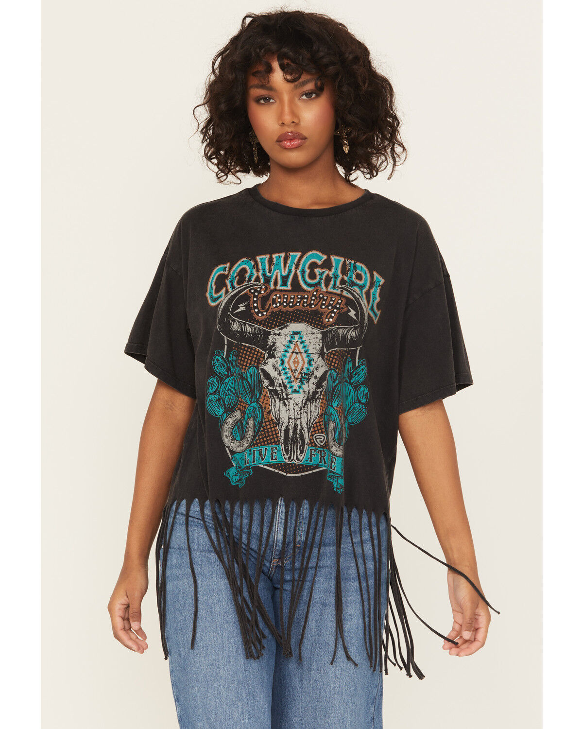 Image #1 - Rock & Roll Denim Women's Steer Short Sleeve Fringe Graphic Tee, Black, hi-res