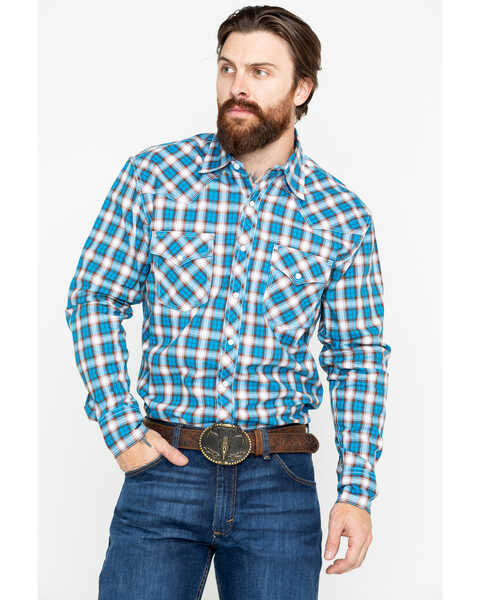 Wrangler 20X Men's Plaid Print Competition Advanced Comfort Long Sleeve Western Shirt , Brown/blue, hi-res