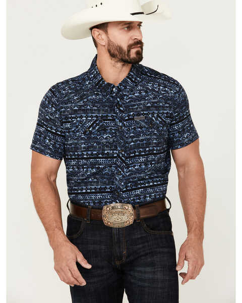 Rock & Roll Denim Men's Southwestern Print Short Sleeve Pearl Snap Performance Western Shirt , Dark Blue, hi-res