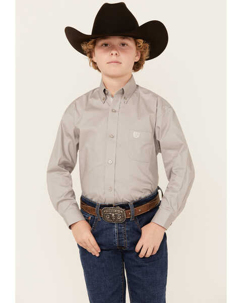 Image #1 - Panhandle Boys' Solid Long Sleeve Button-Down Stretch Western Shirt , Grey, hi-res