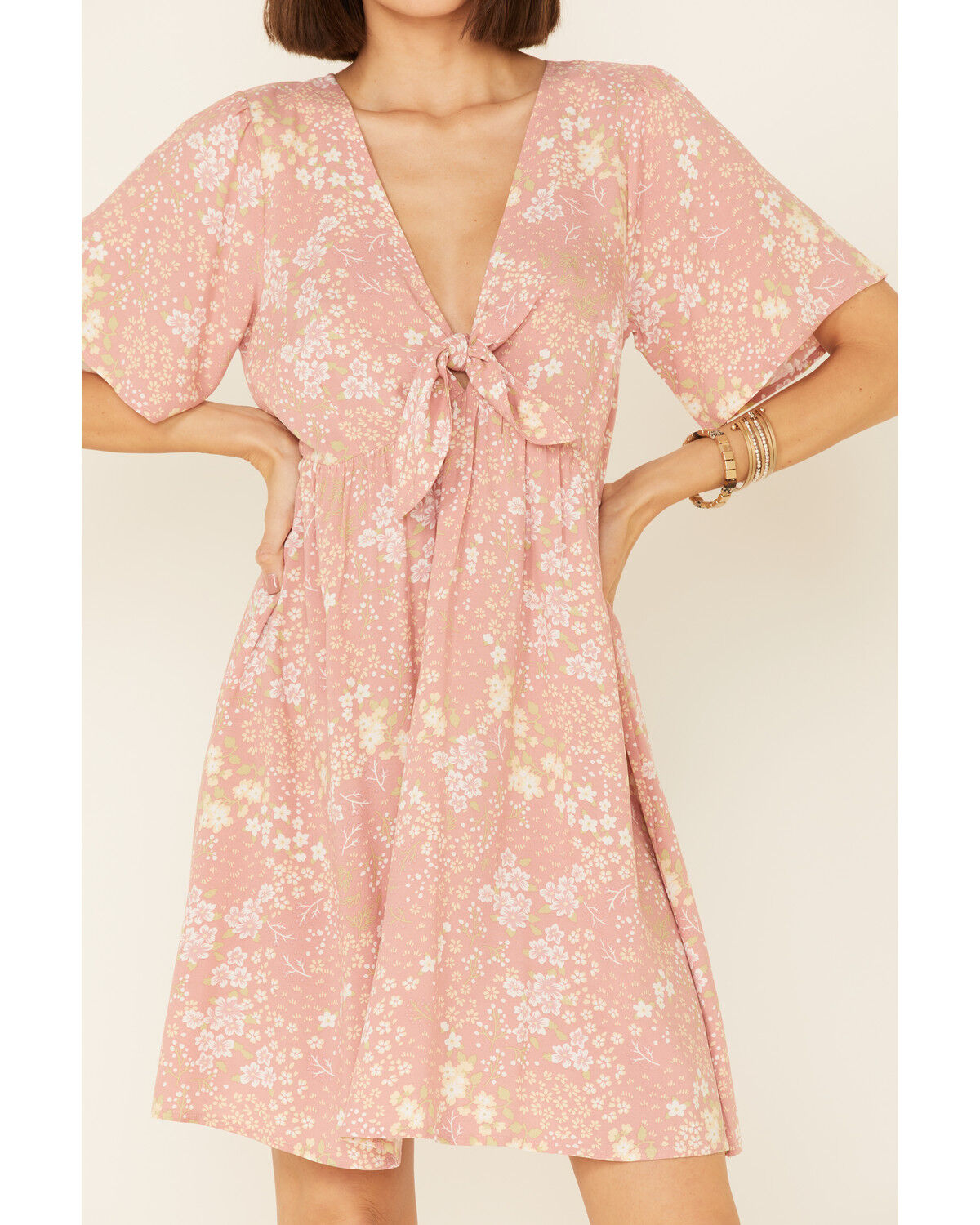 Image #3 - Beyond The Radar Women's Mauve Floral Tie-Front Dress, , hi-res