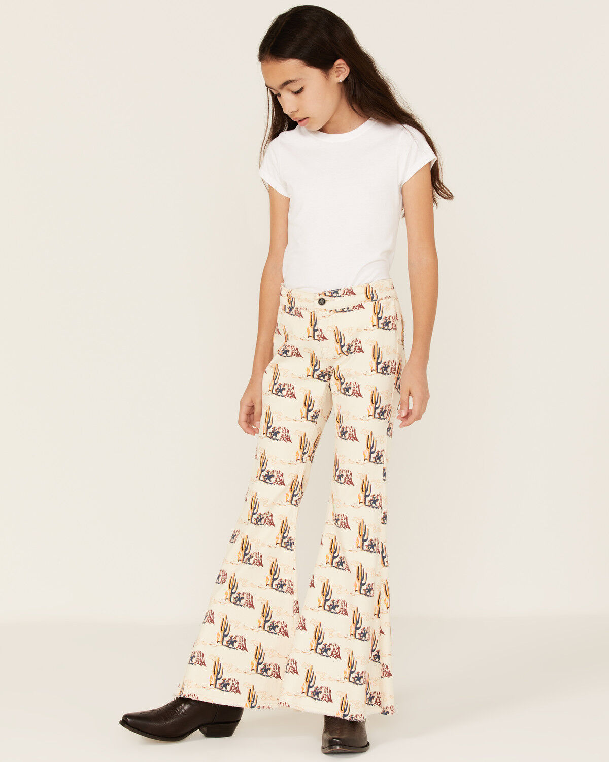 Image #1 - Rock & Roll Denim Girls' Desert Print Flare Jeans, Beige/khaki, hi-res