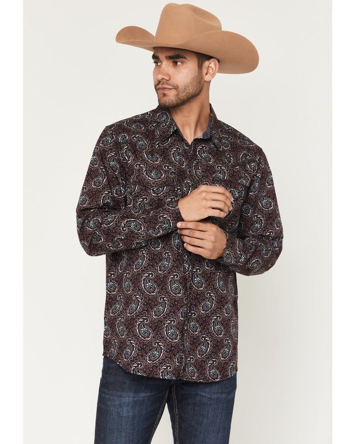 Moonshine Spirit&reg; Men's Lava Paisley Print Long Sleeve Snap Western Shirt, Burgundy, hi-res