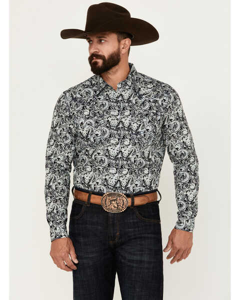 Cody James Men's Showdown Paisley Print Long Sleeve Snap Western Shirt, Navy, hi-res