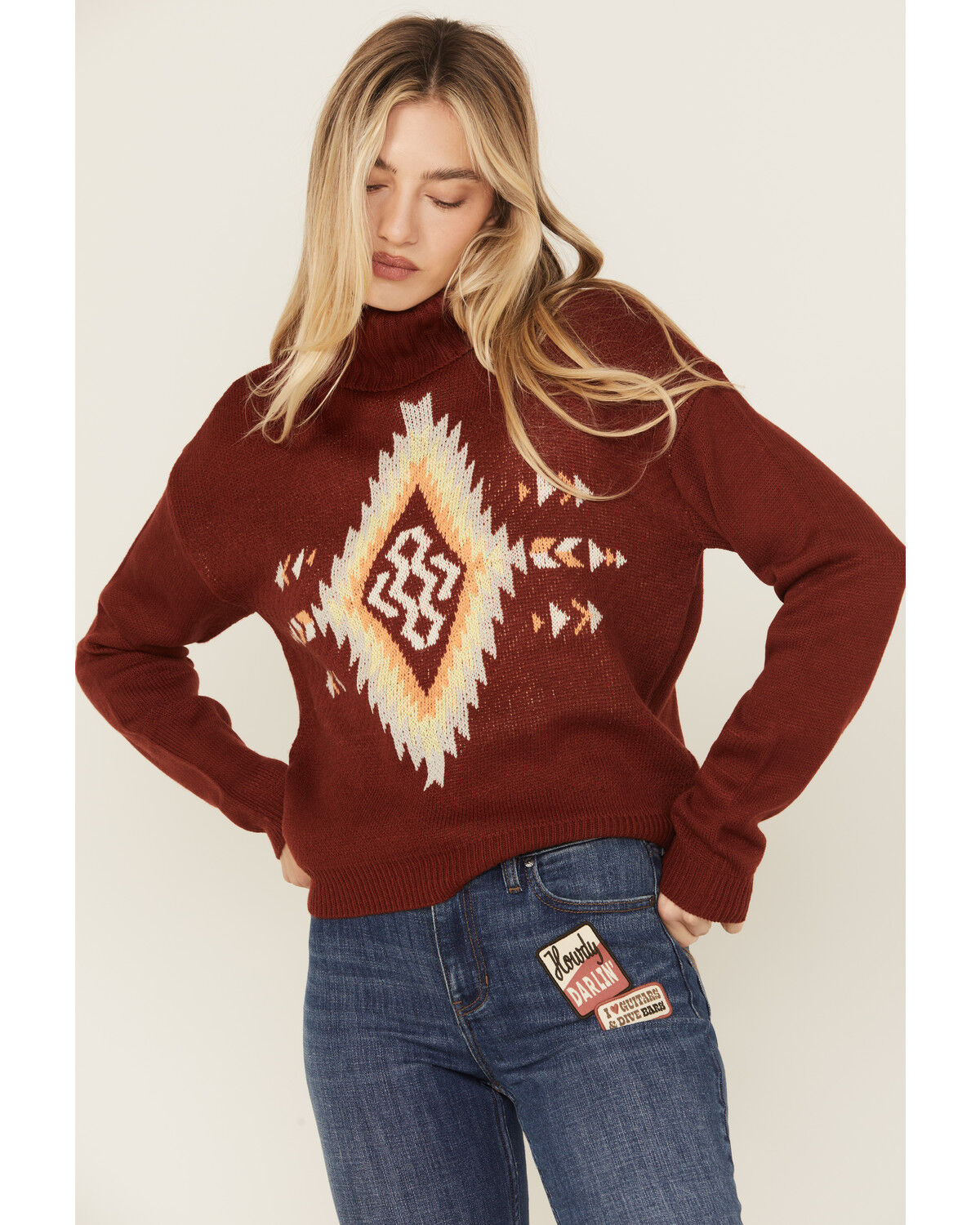 Image #1 - Rock & Roll Denim Women's Southwestern Print Turtleneck Sweater, Rust Copper, hi-res