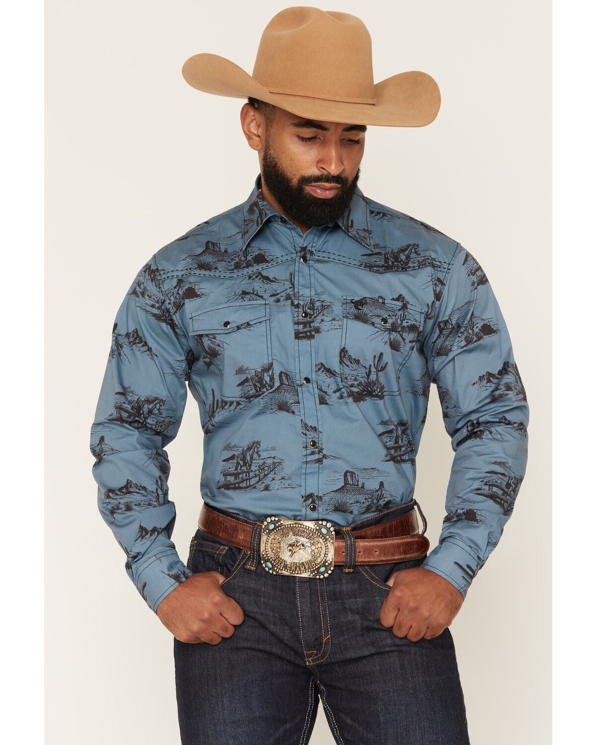 Image #1 - Cowboy Hardware Men's Western Scenery Print Long Sleeve Snap Stretch Western Shirt, Indigo, hi-res