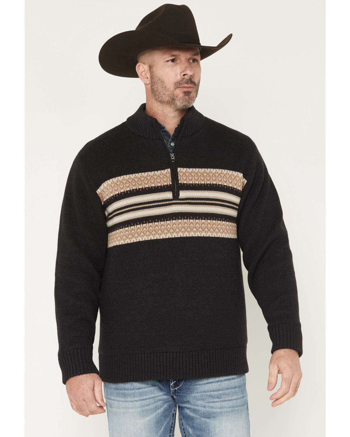 Cinch Men's 1/4 Zip Southwestern Border Print Pullover, Charcoal, hi-res