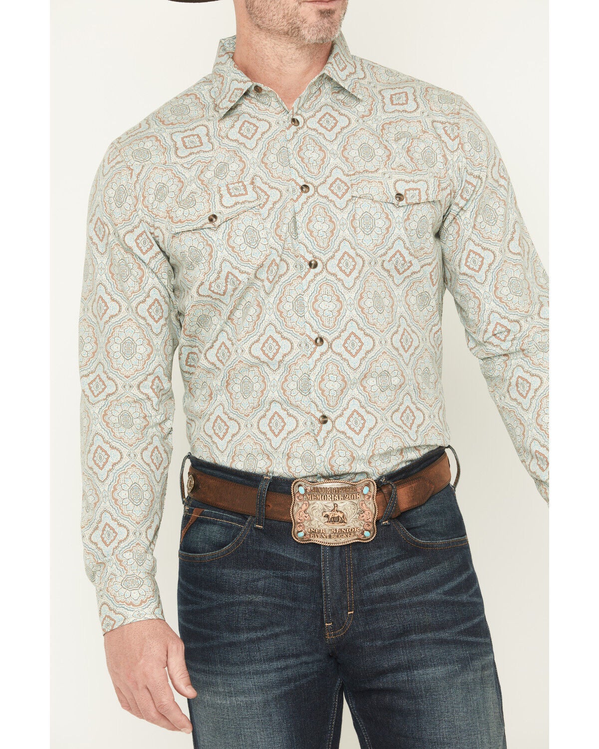 Image #3 - Gibson Trading Co Men's Garfunkle Medallion Print Long Sleeve Snap Stretch Western Shirt, Mint, hi-res