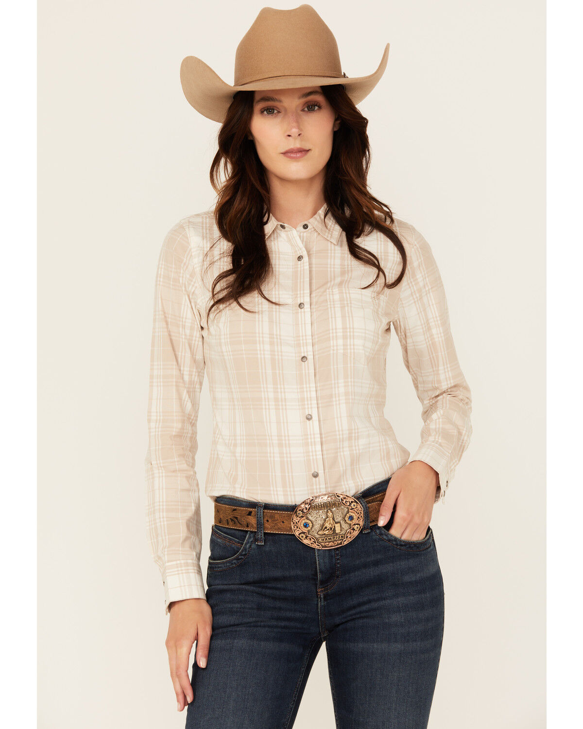 Image #1 - Shyanne Women's Plaid Print Long Sleeve Concho Snap Stretch Western Shirt, Natural, hi-res