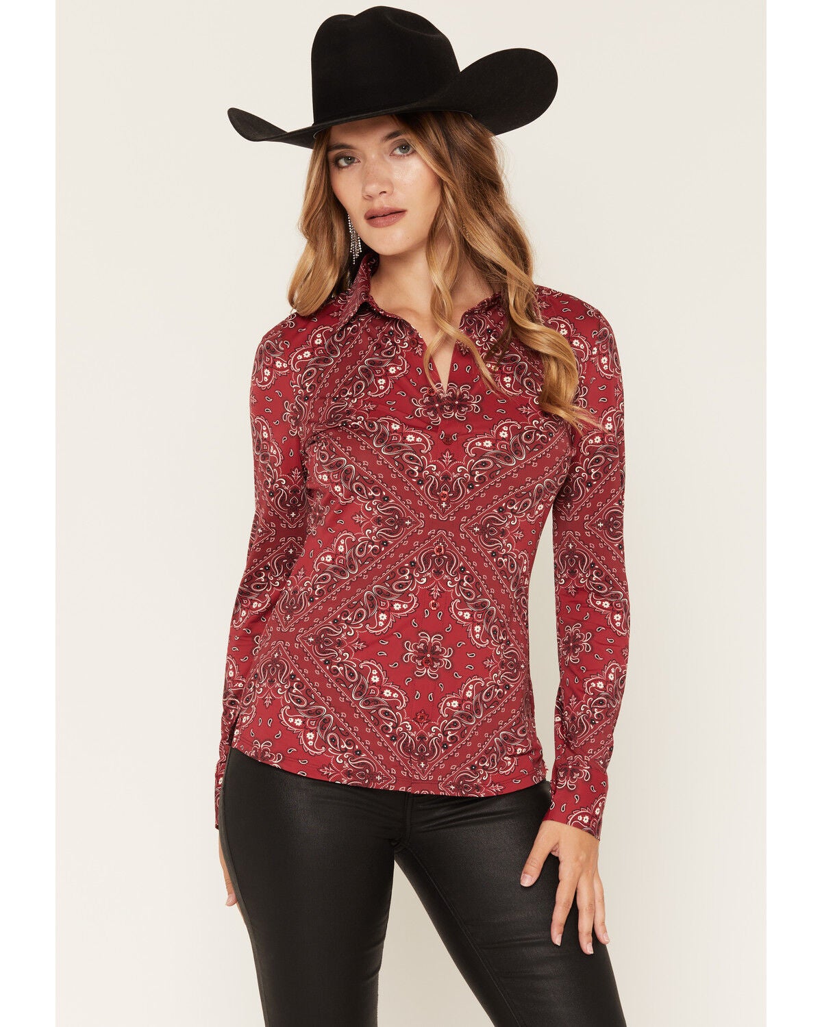 Idyllwind Women's Bamndana Bandana Print Long Sleeve Button-Down Stretch Western Riding Shirt, Red, hi-res