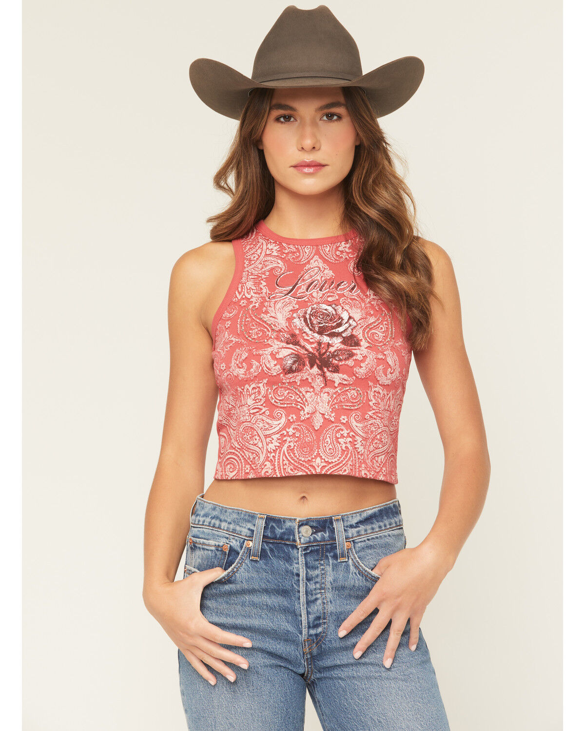 Image #1 - Originality Women's Bandana Rose Print Cropped Tank Top, Red, hi-res