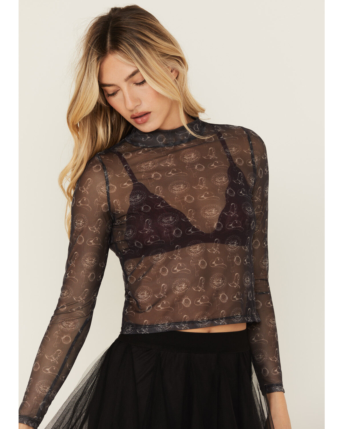 Image #1 - Rock & Roll Denim Women's Conversation Print Long Sleeve Cropped Shirt, Black, hi-res