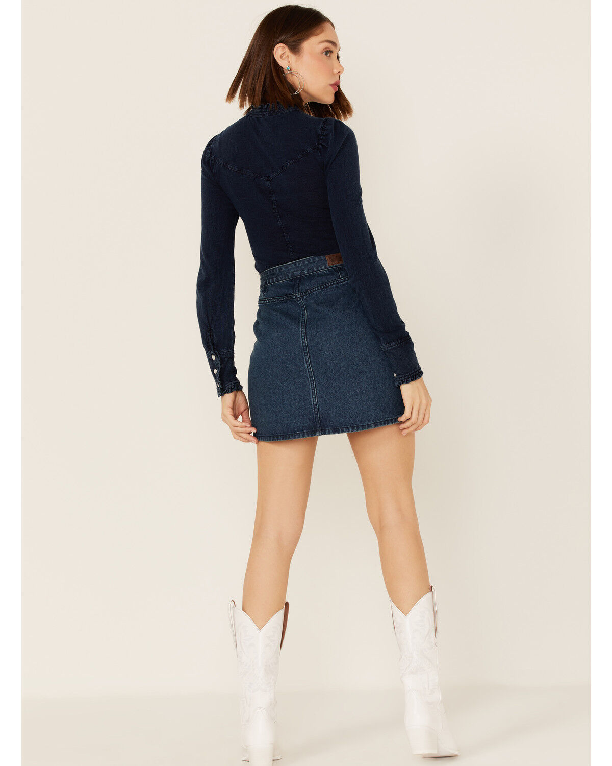 Image #4 - Rock & Roll Denim Women's Dark Wash Studded Belted Western Denim Mini Skirt, Blue, hi-res